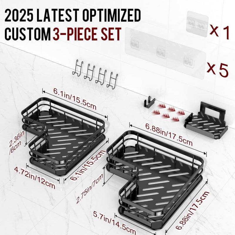 Getsrichfc Large Capacity Shower Caddy, Heavy-Duty Adhesive Shower Organizers with Custom Aesthetic Design Soap, No Drilling Corner Shower Shelves, 5 Hooks for Bathroom Accessories - 3 Pack - Image 2